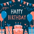 Illustration of happy birthday postcard on dark background Royalty Free Stock Photo